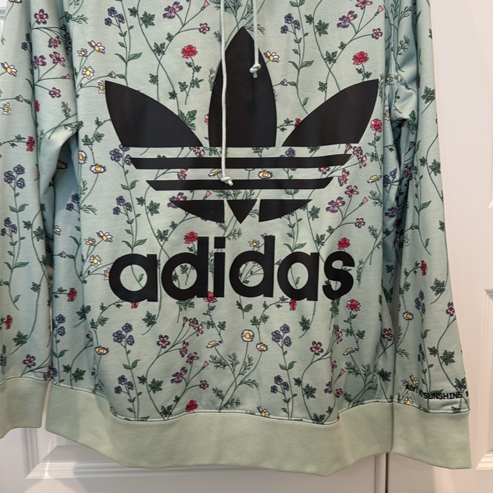 Adidas Floral Print Logo Hooded Sweatshirt Hoodie Green Floral Size Medium - Picture 3 of 16